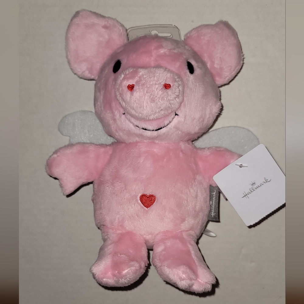 Hallmark Flying Pink Plush Pig Wings Felt embroidered Heart Stuffed Animal